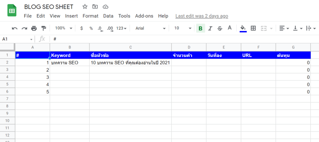 เครื่องมือ Google Sheet สำหรับการทำ SEO - เขียนบทความ